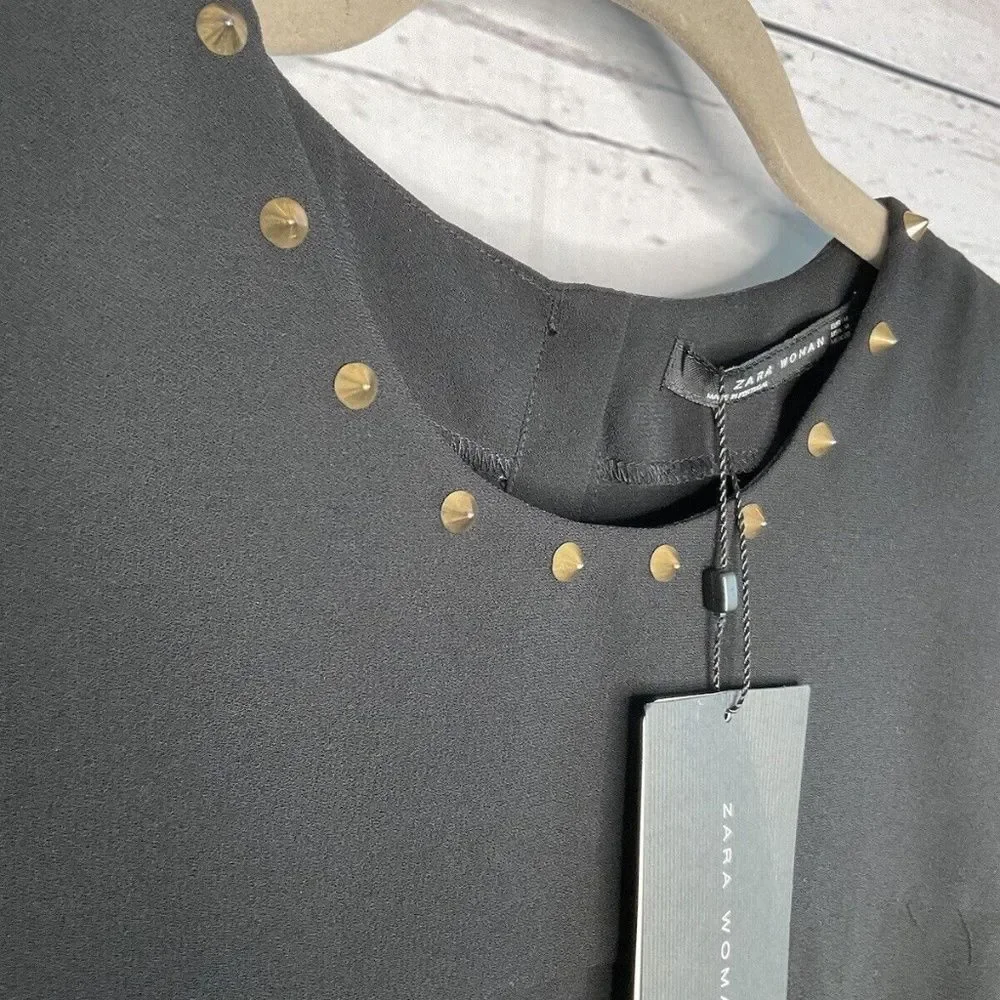 NWT Zara Black CrepeStudded Decor Button Collar&Back Mini Dress Women M Portugal